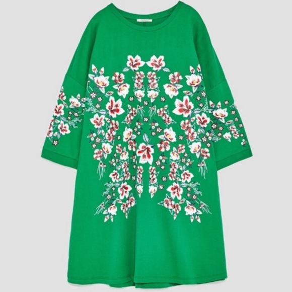 Zara Green Floral Short Sleeve Mini Dress - Picture 1 of 7